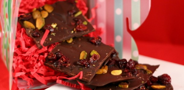Dark Chocolate Holiday Bark with Pistachios and Cranberries from www.everydaymaven.com