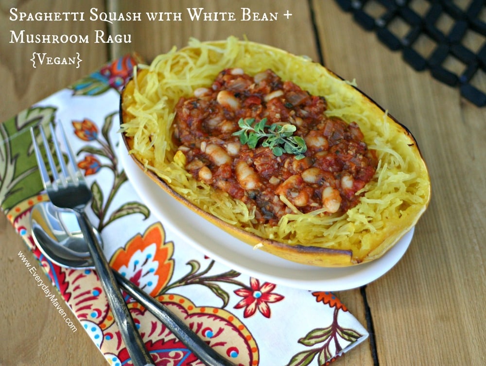 Roasted Spaghetti Squash with White Bean and Mushroom Ragout from www.everydaymaven.com