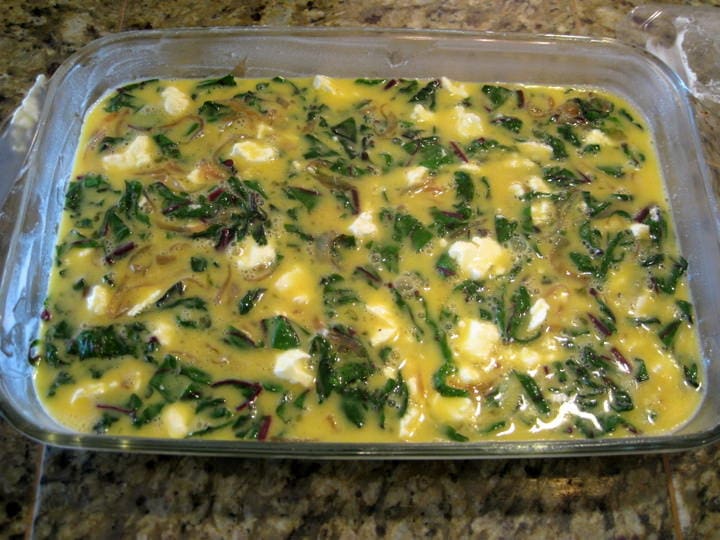 Egg Casserole with Beet Greens and Goat Cheese