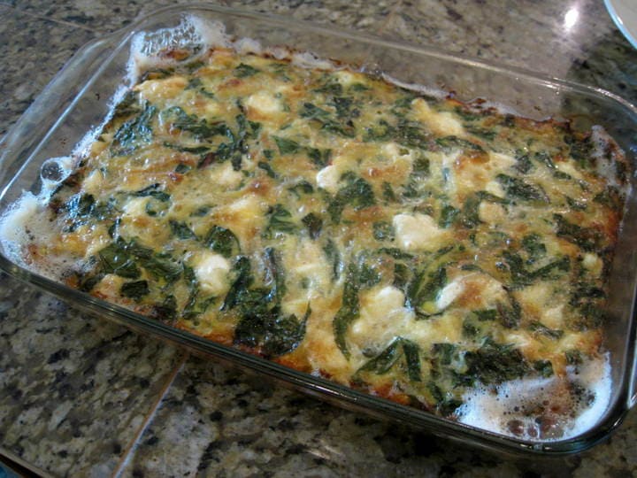Egg Casserole with Beet Greens and Goat Cheese
