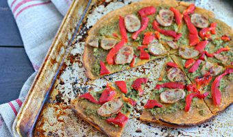 Socca Flatbread with Pesto, Chicken Sausage and Roasted Peppers