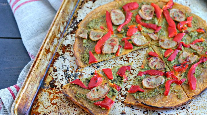 Socca Flatbread with Pesto, Chicken Sausage and Roasted Peppers