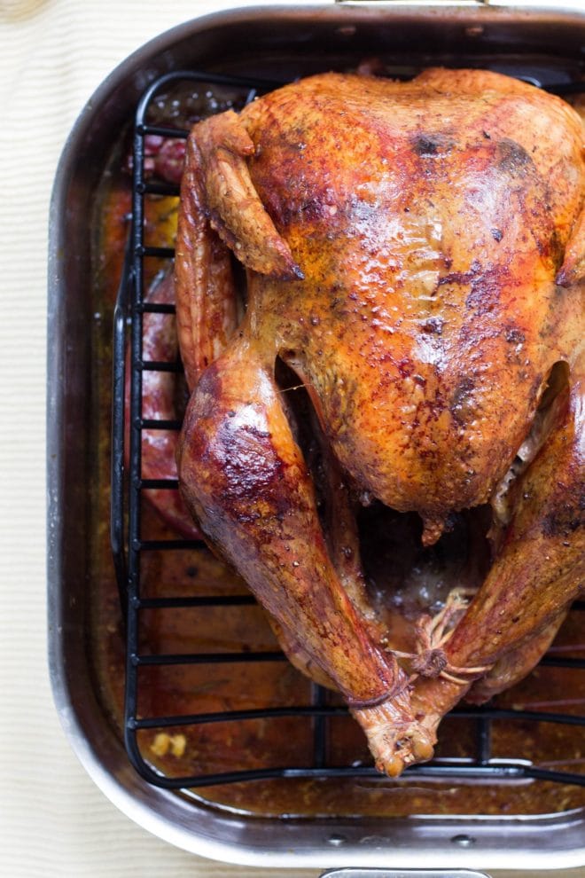 overhead shot of roasted thanksgiving turkey still in the roasting pan