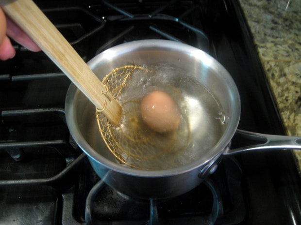 submerging a whole egg in a pot of boiling water for coddled eggs