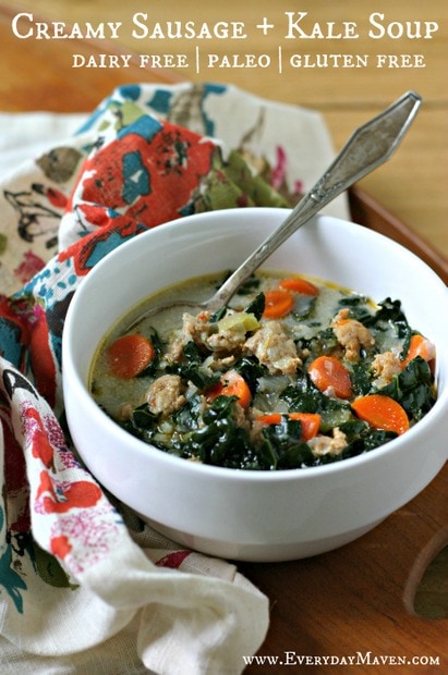 Creamy Sausage and Kale Soup. Dairy Free. Paleo from www.EverydayMaven.com