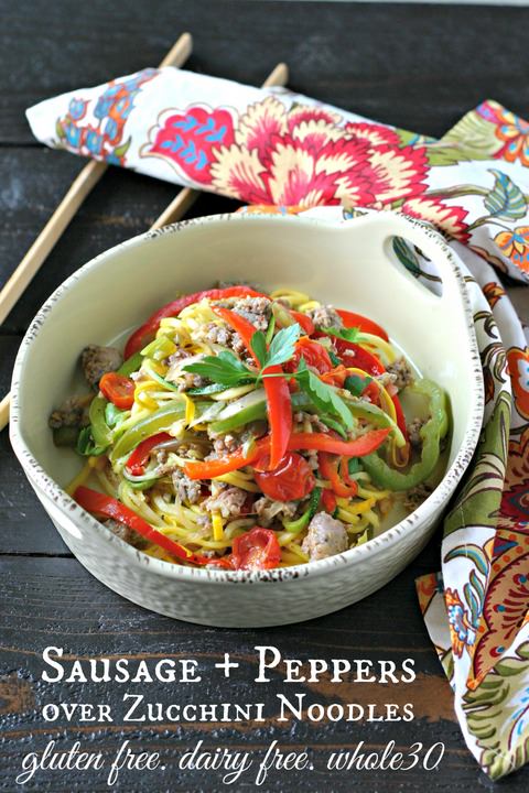 Sausage and Peppers over Zucchini Noodles from www.EverydayMaven.com