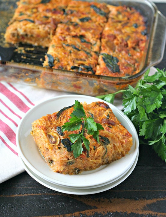 Spicy Sausage and Vegetable Spaghetti Squash Casserole from www.EverydayMaven.com