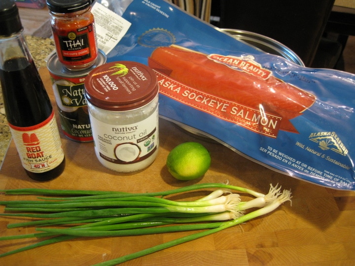 Ingredients on a cutting board to make Red Curry Salmon