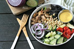 Mediterranean Chicken Bowl with Turmeric Tahini Dressing from www.EverydayMaven.com