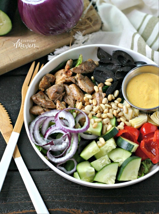 Mediterranean Chicken Bowl with Turmeric Tahini Dressing from www.EverydayMaven.com