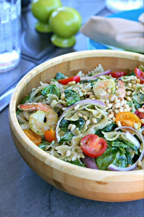 Gluten and Dairy Free Pesto Pasta Salad with Shrimp from www.EverydayMaven.com