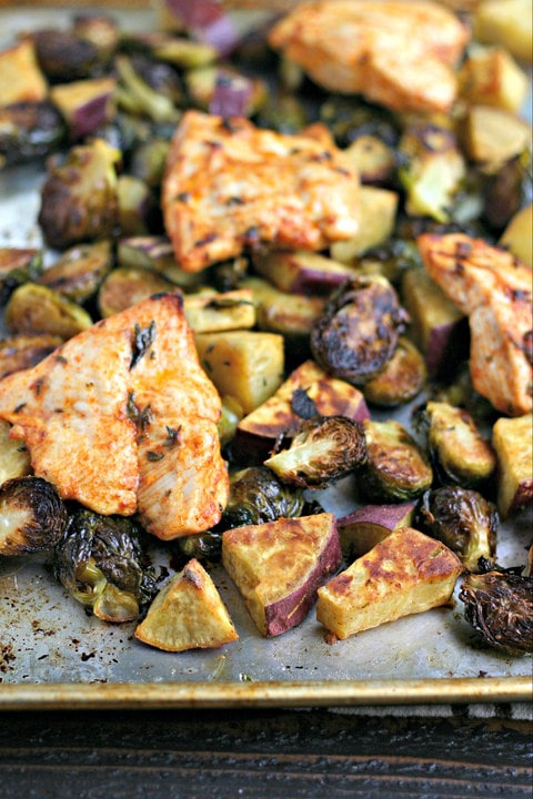 Sheet Pan Chicken Dinner with Brussels Sprouts and Sweet Potatoes from www.EverydayMaven.com