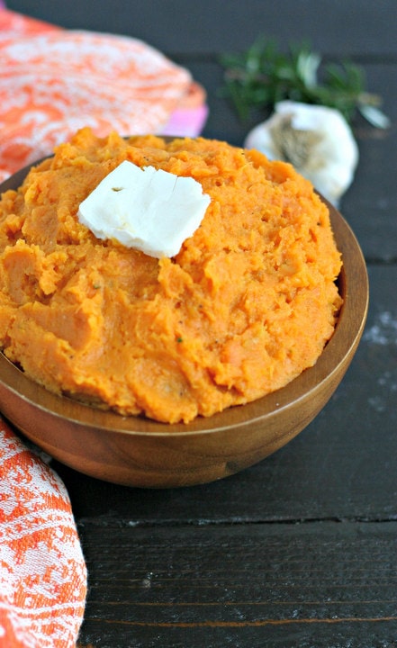 Instant Pot Vegan Mashed Sweet Potatoes with Garlic and Rosemary from www.EverydayMaven.com