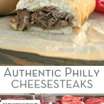 two photos of real philly cheese steak with text for pinterest