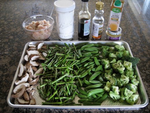 cut up vegetables for stir fry with sauce ingredients