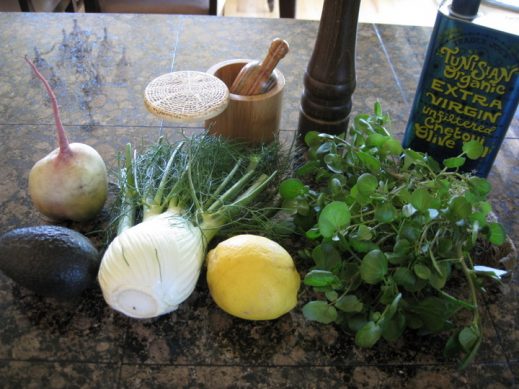 ingredients to make watercress salad with avocado, fennel and watermelon radish