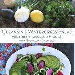 split image of ingredients and plated watercress salad with fennel, avocado, watermelon radish and a light lemon dressing