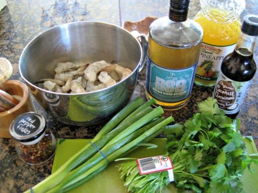 all of the ingredients needed to make Brown Sugar Bourbon Shrimp Skewers
