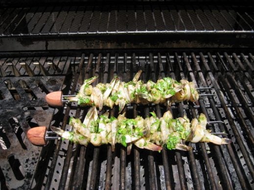 metal skewers of marinated shrimp cooking on the grill