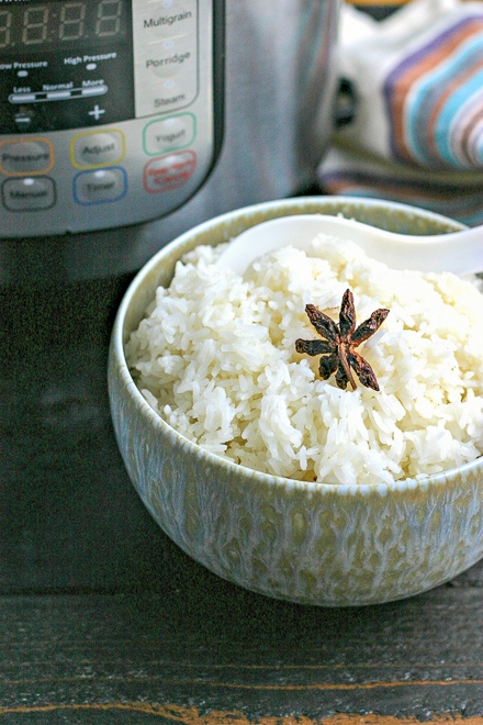bowl of cooked rice in front of Instant Pot and striped towel