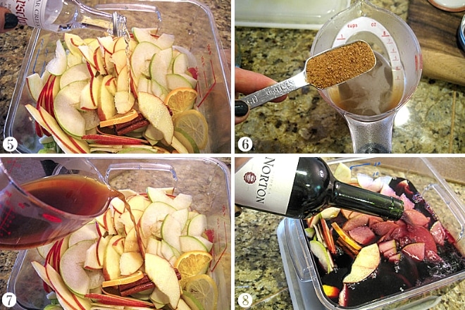 adding fruit to wine mixture for red sangria