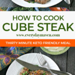 overhead image of cooked cube steak on a white plate