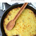 image of cooked skillet easy shepherds pie with wooden spoon on top and text at the top for pinterest