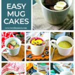 collage of easy mug cake recipes in the same beige mug