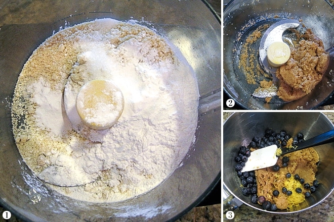 mixing gluten-free flours to make dough for blueberry scones