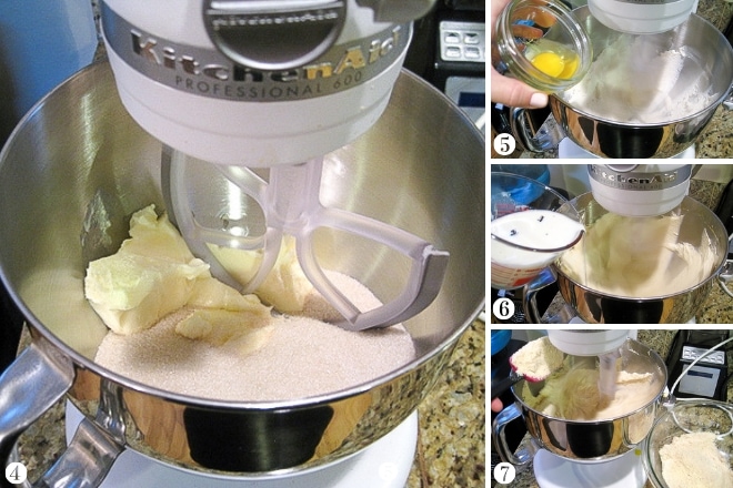 step by step photos of mixing gluten free cake batter in a stand mixer