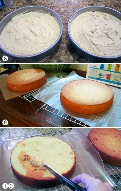 step by step photos of preparing cake layers for frosting gluten free cake