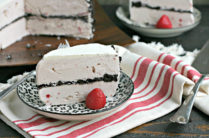 slice of gluten free ice cream cake on a plate with a strawberry