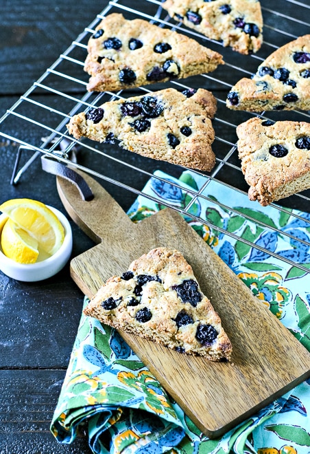 freshly baked blueberry scones on a cooling rack