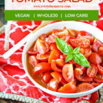 bowl of tomato salad topped with basil using jersey tomatoes