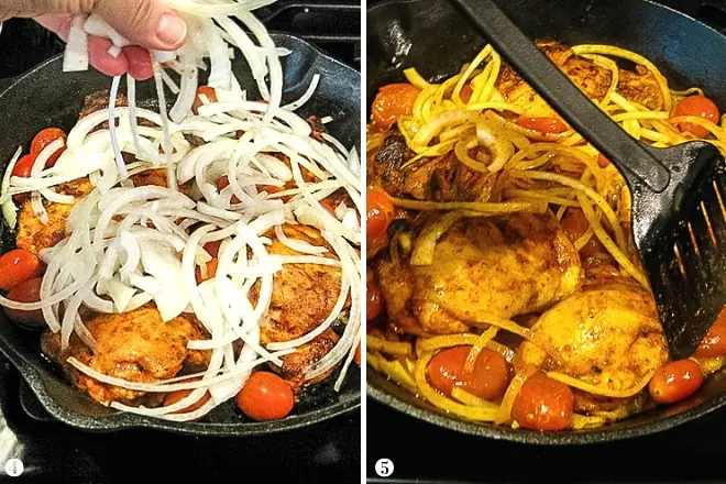 adding raw onions to skillet with paprika chicken