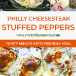 overhead image of melted cheese over philly cheesesteak stuffed peppers and in-process photos