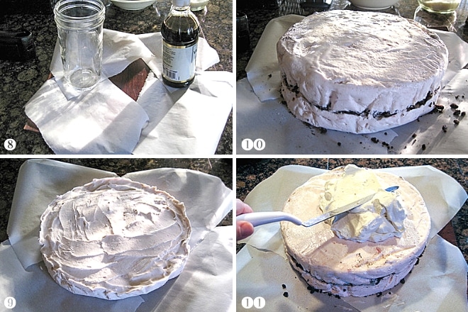 step by step photos of forming an ice cream cake and frosting it with whipped cream