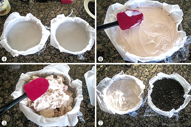 step by step photos of forming layers of ice cream to make a copycat carvel ice cream cake