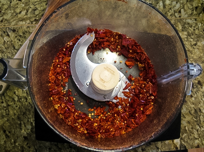 crushed chili's in the food processor for chinese chili oil recipe