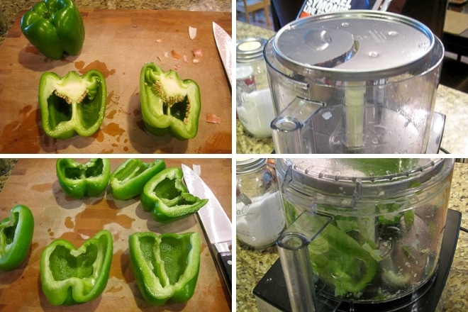 step-by-step photos showing how to quickly slice bell peppers for sausage and peppers