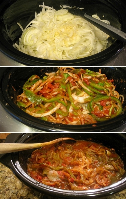 step-by-step photos of onions and peppers cooking down in the slow cooker