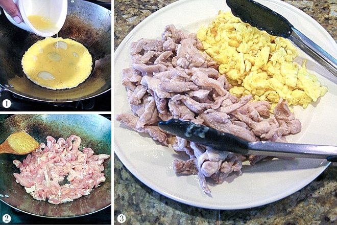 step by step photos cooking egg and chicken in a wok for singapore rice noodles