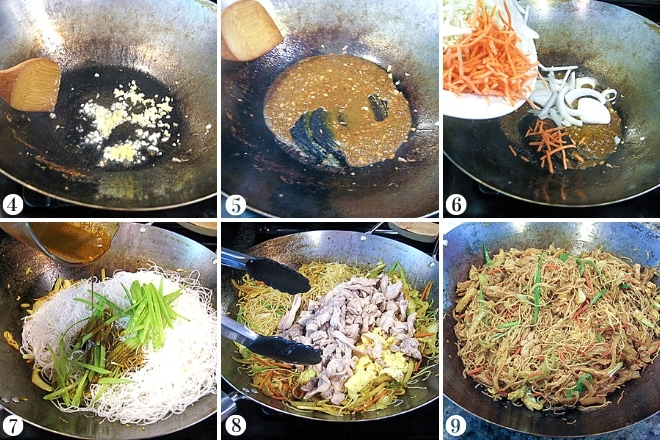 step by step photos of making singapore rice noodles in a wok