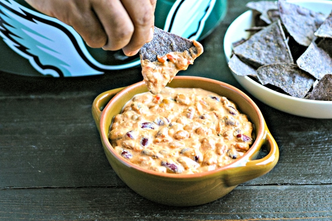 bowl of bean and salsa dip made in the slow cooker