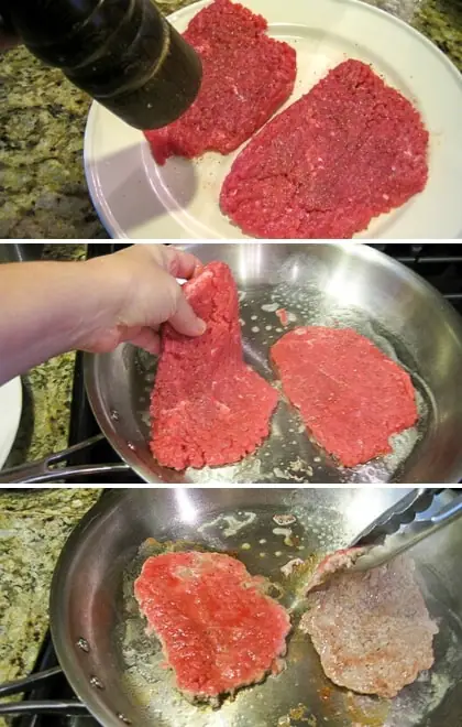 step by step photos of seasoning and cooking cube steak