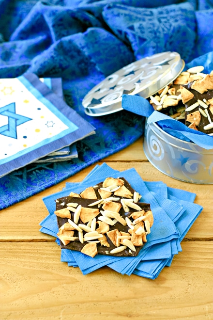 homemade hanukkah candy with a large blue table linen