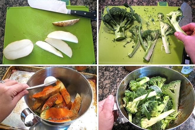 step by step photos for prepping ingredients for sausage sheet pan dinner