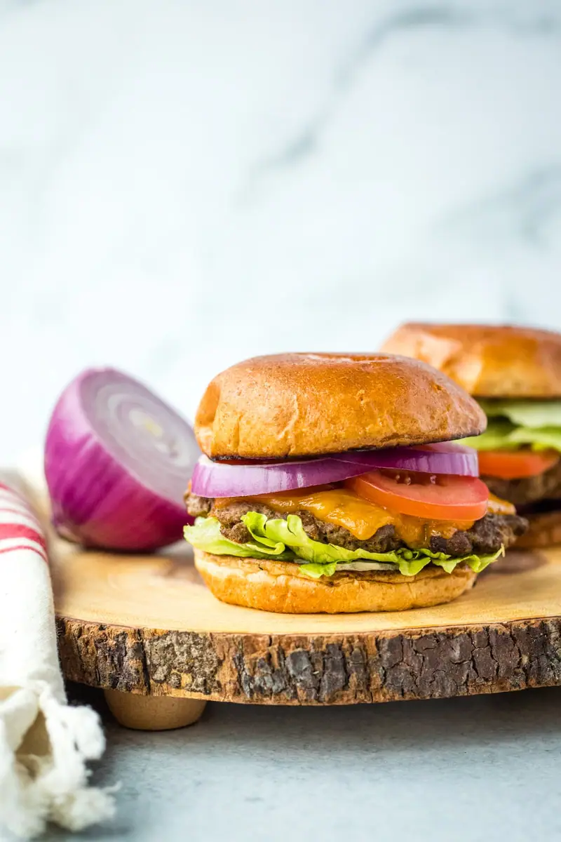 burger on a bun with toppings and sliced red onion