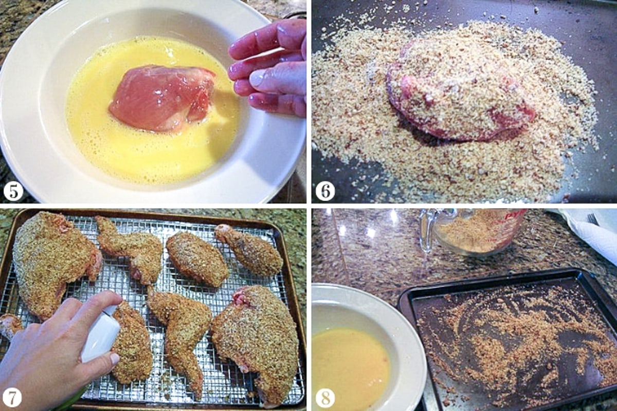 collage of steps 5 to 8 make oven fried chicken