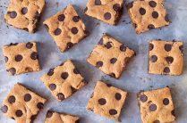 close up of peanut butter blondies with chocolate chips